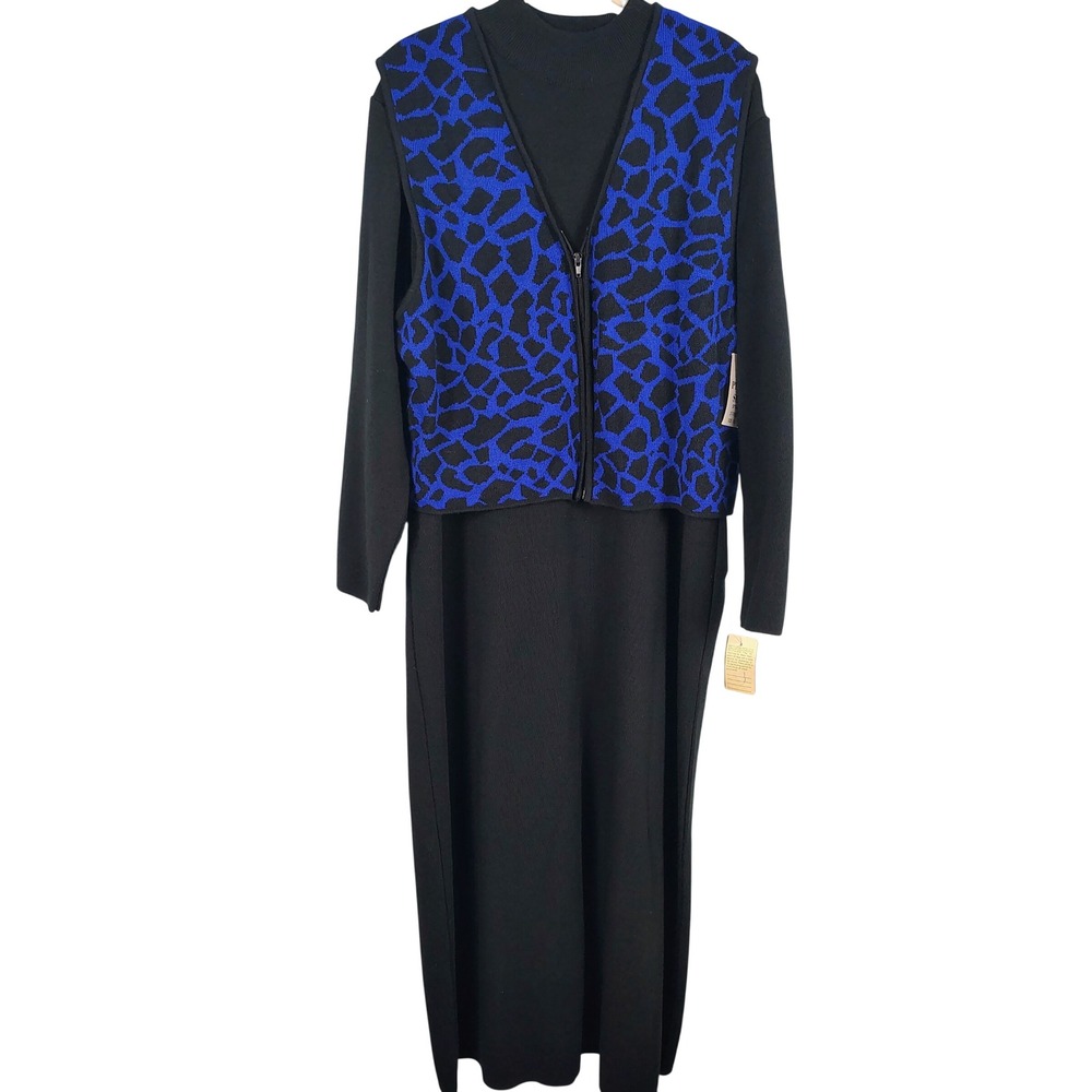 NWT Nina Leonard Womens 1X 2pc Dress Vest Set Blue Black Abstract Gorpcore Y2K